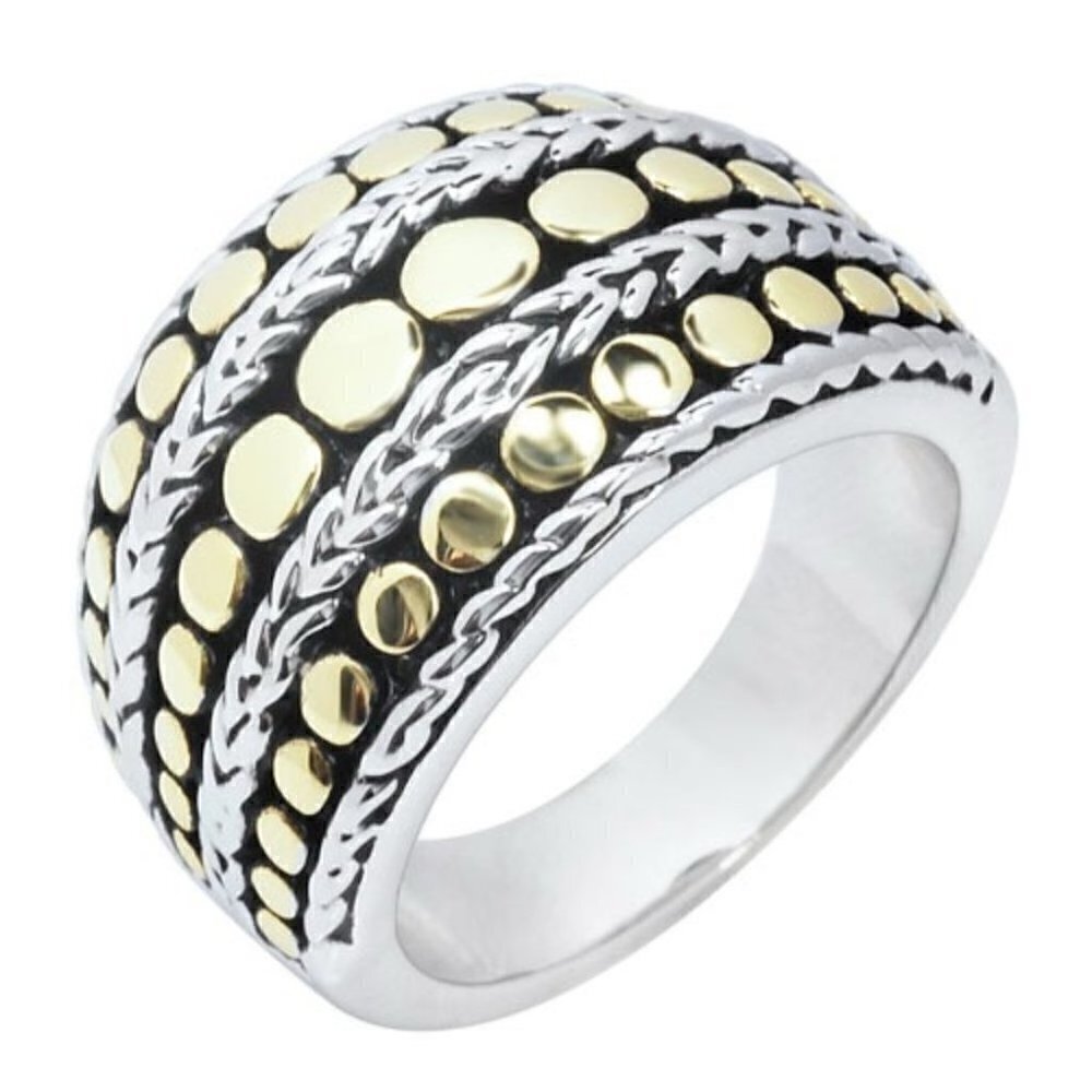 Two Tone Band Dot Woven Weave Gold Silver Black Classic Design Ring Size 5678910